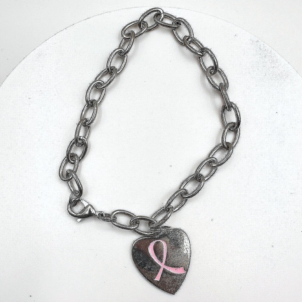 Unbranded Charm Bracelet Y2K Women 7in Silver Excellent Pink Ribbon Heart Charm